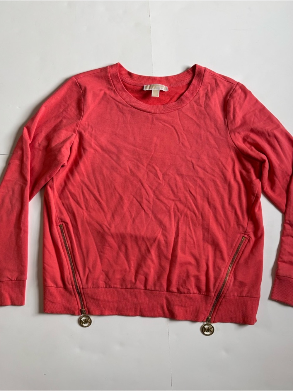 MICHAEL Michael Kors Coral Crewneck Sweatshirt with Gold Zipper Pulls